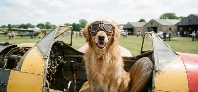 A golden retriever in flying goggles sitting in an open cockpit