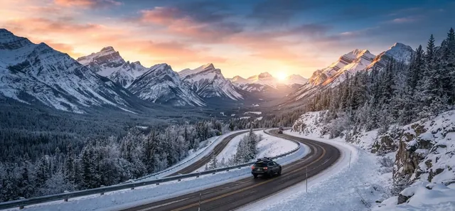 A road winding through snowy mountains at sunrise