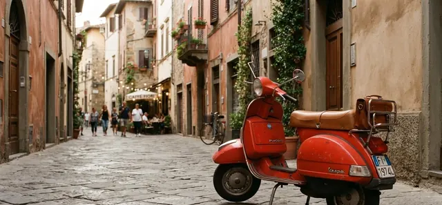 A red vintage Vespa parked on a cobbled Italian street