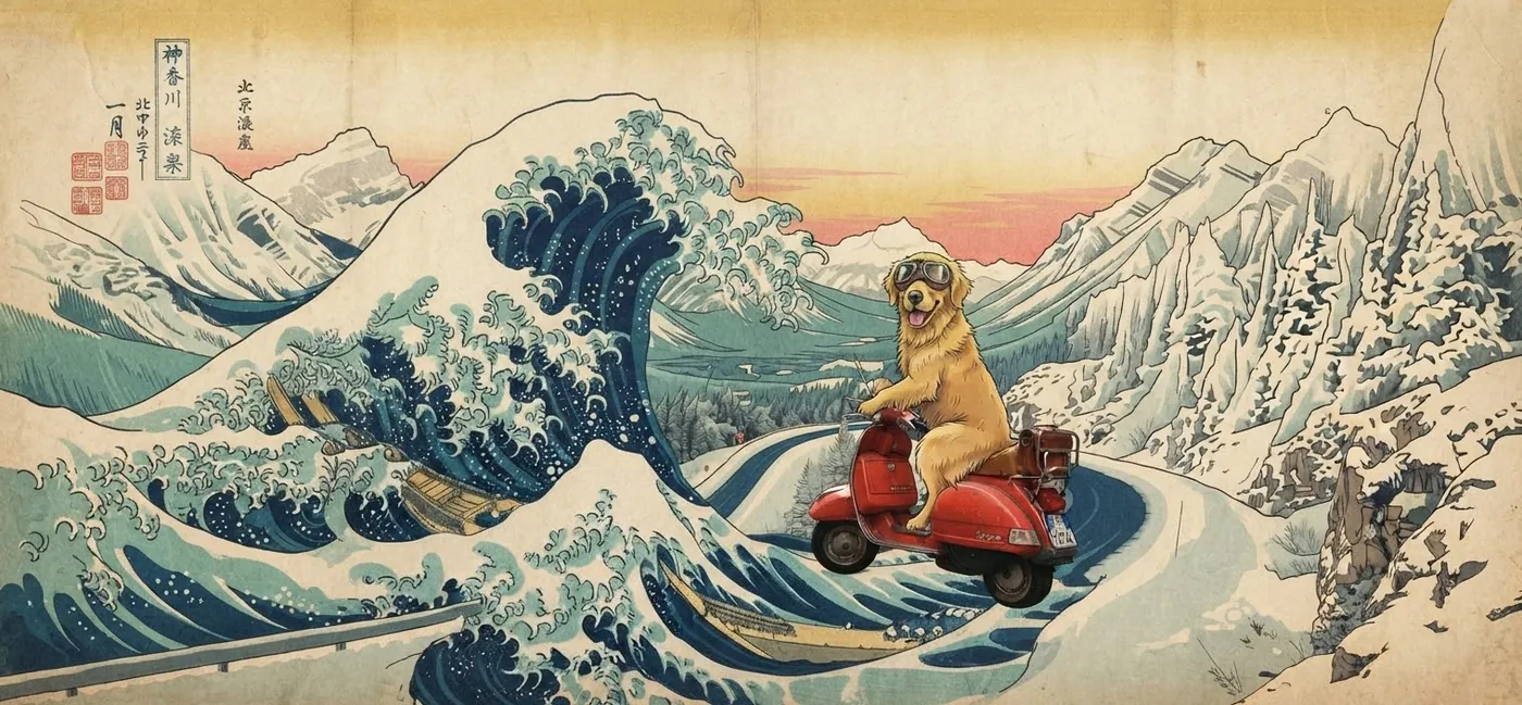 A woodblock-style scene of a dog in goggles riding a red Vespa along a snowy mountain road beside a great wave