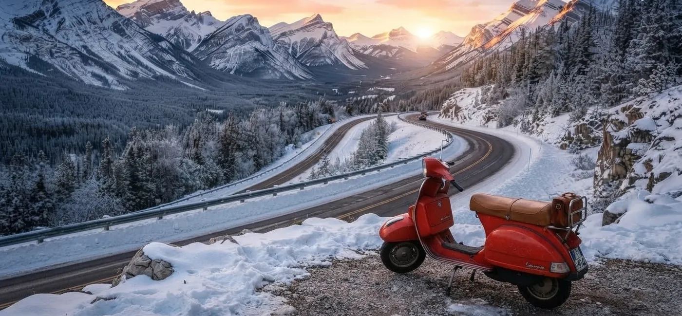 The same red Vespa parked at the edge of a snowy mountain road at sunrise